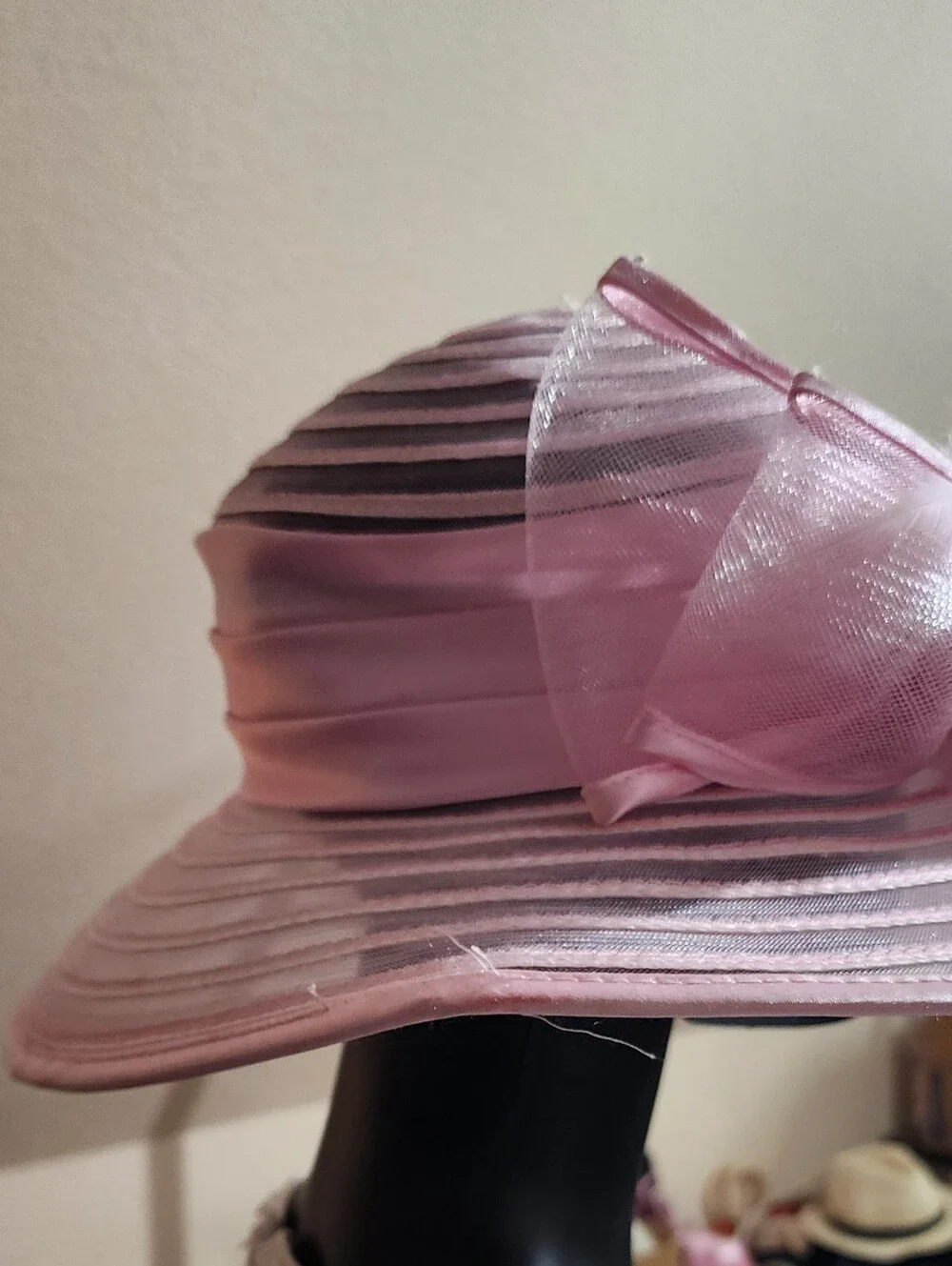 Vintage 80's Pink Wide-Brim Hat with Satin Rose and Sheer Bow